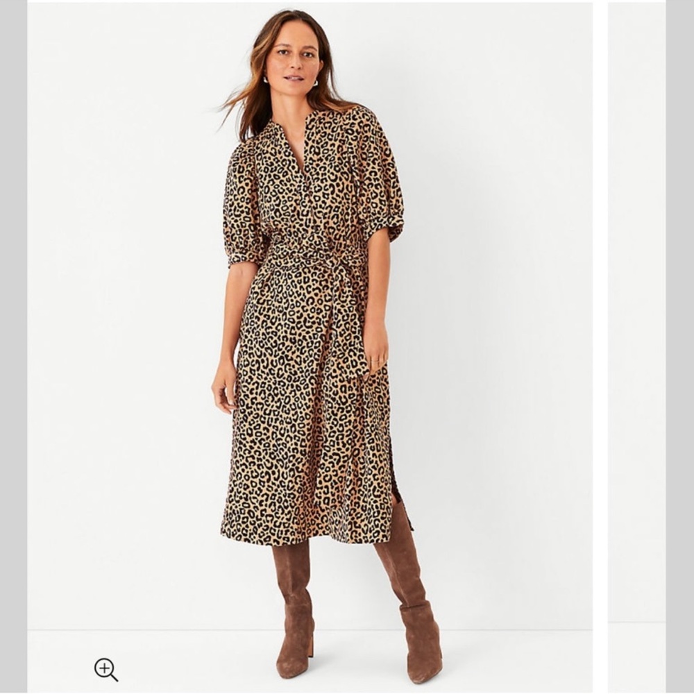 Ann Taylor Leopard Print Corduroy Shirtdress Midi Dress Size M